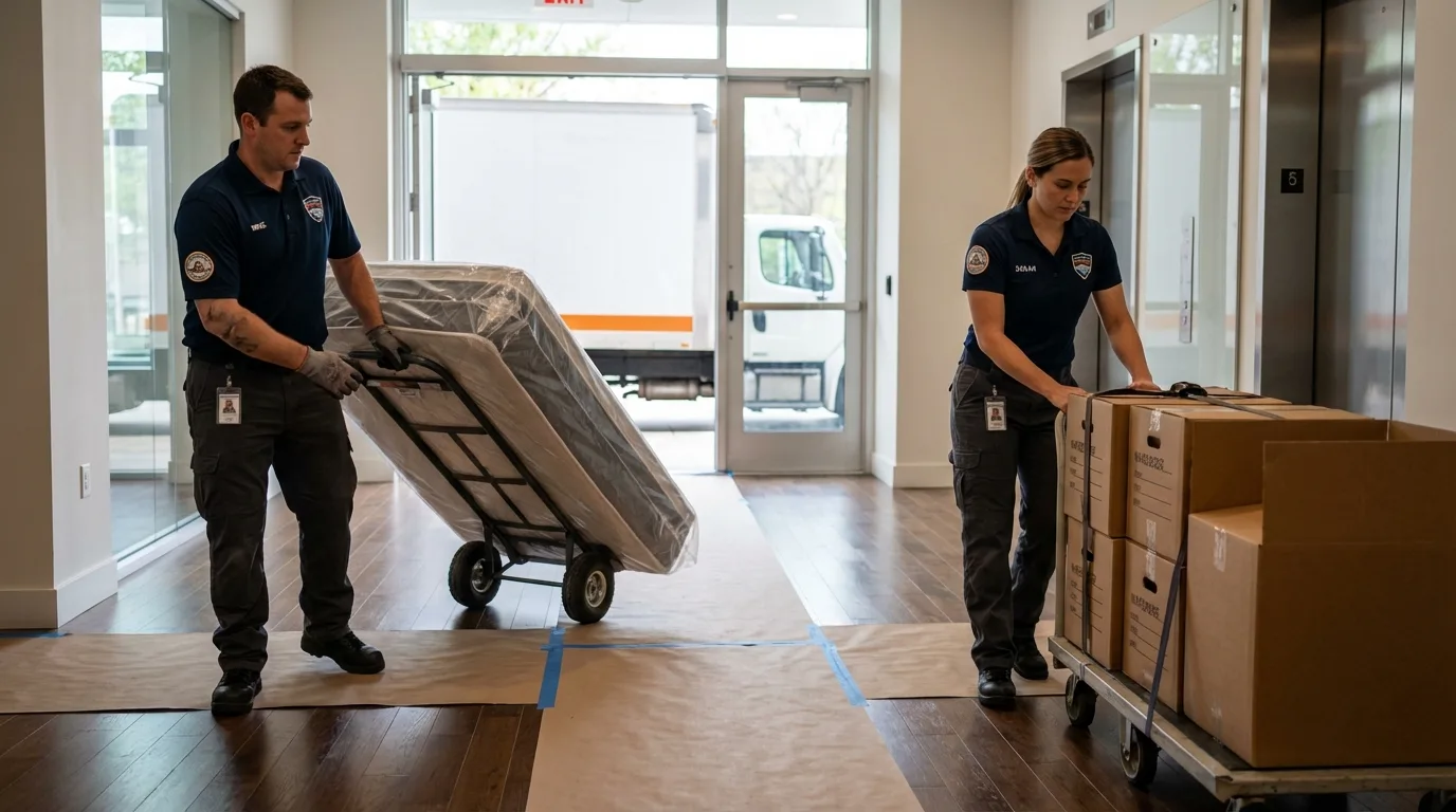 Professional apartment movers loading elevator in Jemison, AL